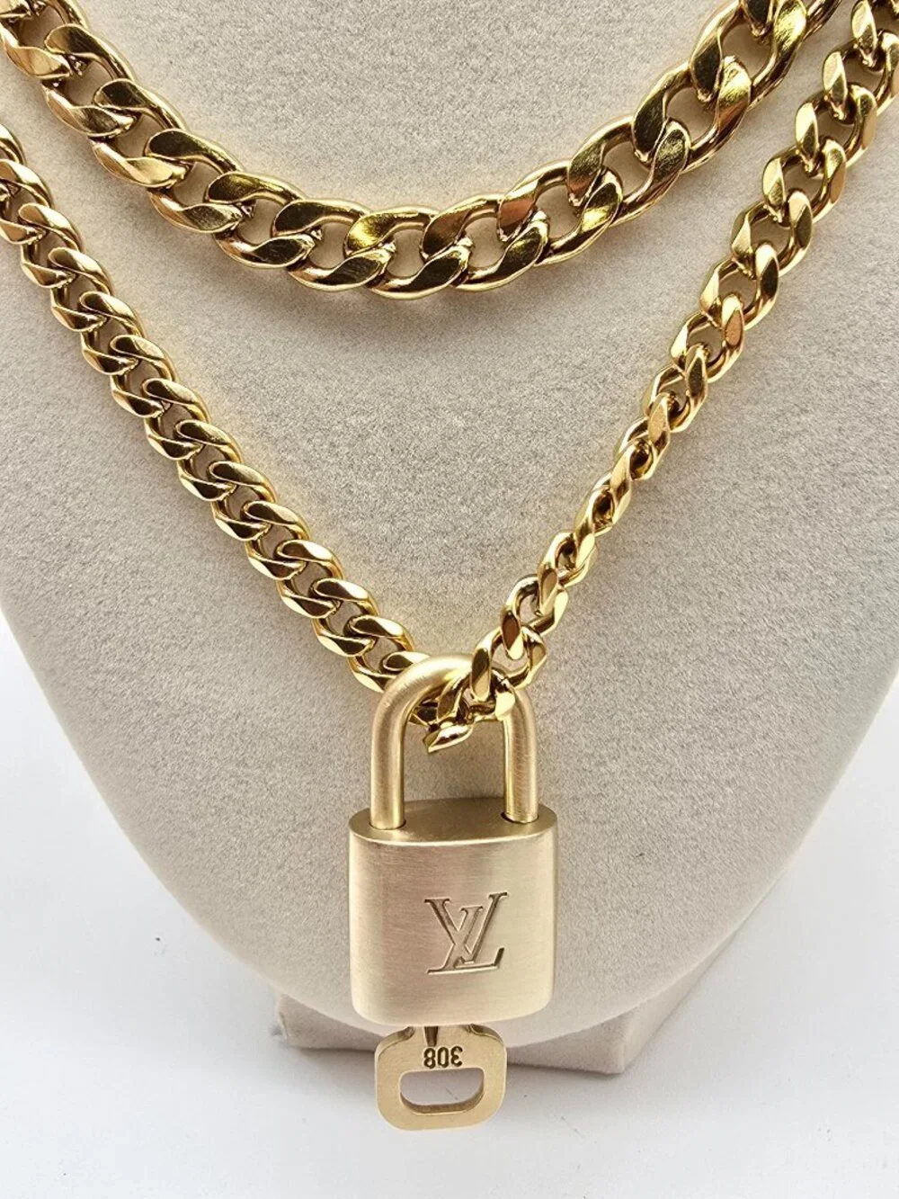 Authentic Louis Vuityon Gold Padlock Pendant with Stainless Steel 2 Cuban Style
